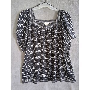 Max Studio 3X Top Square Neck Short Sleeve Polka Dot Flowy Casual Cream Black
